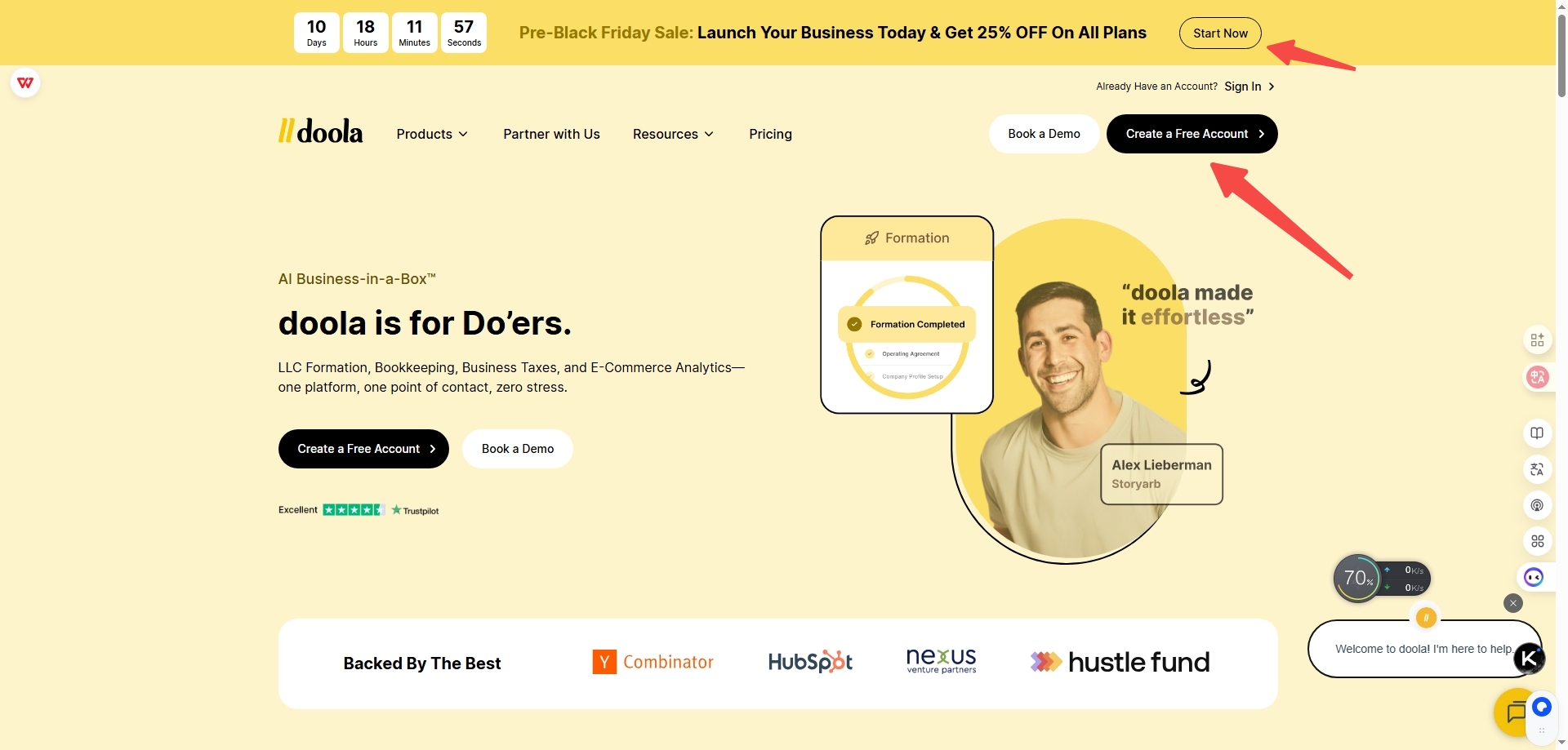 Doola homepage with Start button