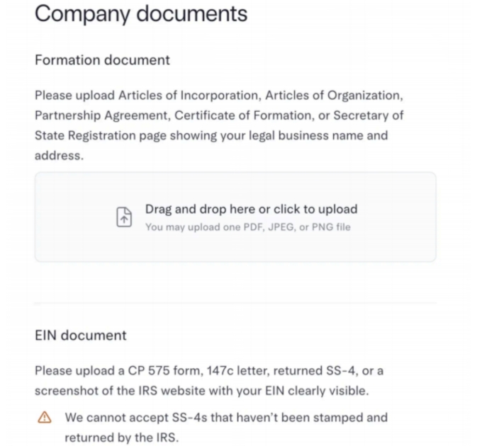 Panel para subir el Certificate y el Operating Agreement